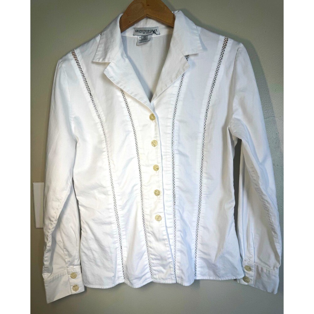 Griffith Gray for St. John White 100% Cotton Button-Up Blouse Long Sleeve 10
